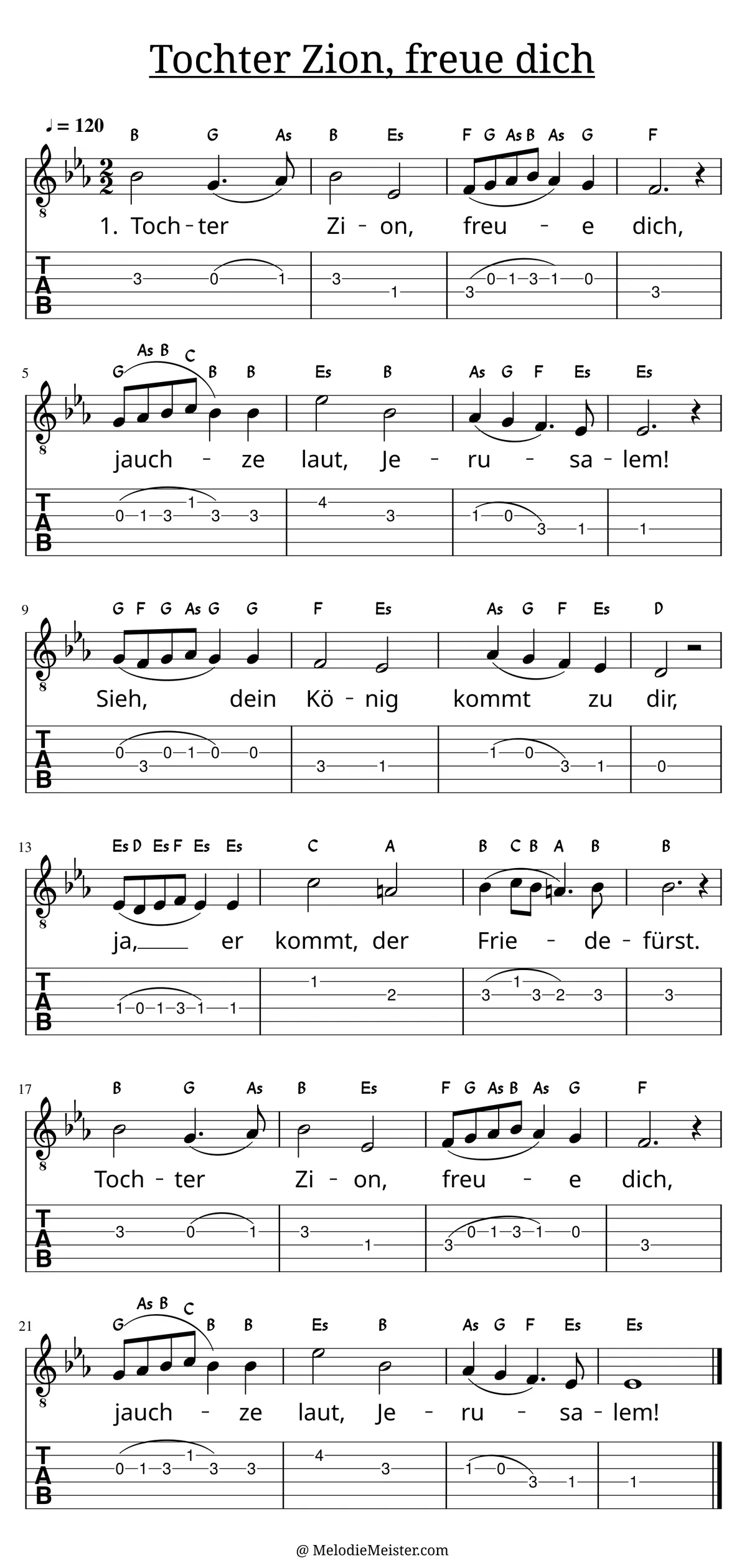 Tochter Zion, freue dich – Noten für Gitarre mit Tabulatur und Text zum Weihnachtslieder Adventslied, geeignet für Anfänger
