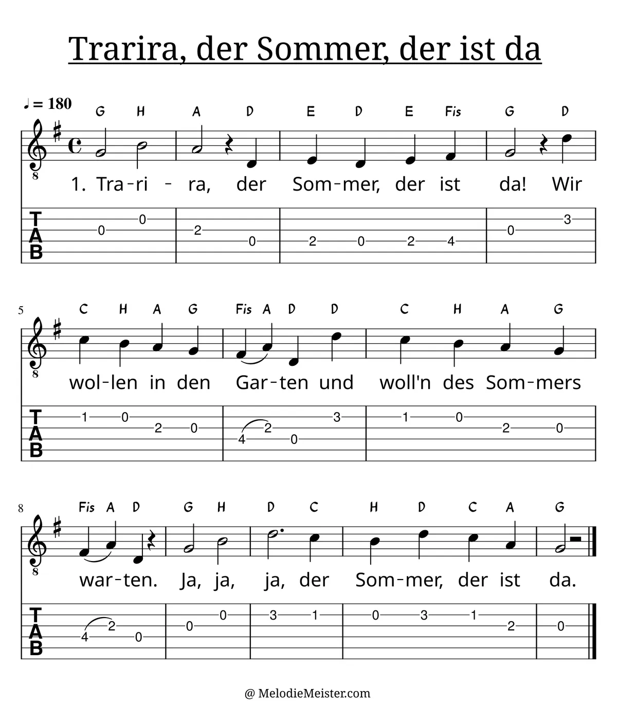 Trarira, der Sommer, der ist da – Noten für Gitarre mit Tabulatur und Text zum Kinderlied, geeignet für Anfänger