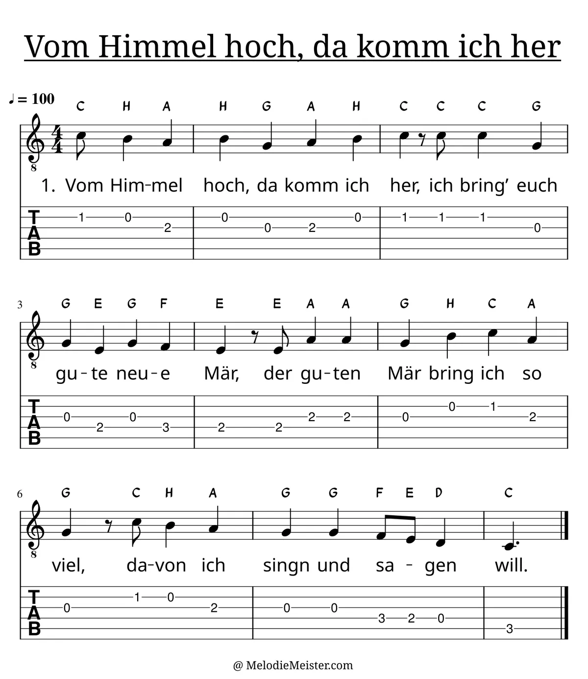 Vom Himmel hoch, da komm ich her – Noten für Gitarre mit Tabulatur und Text zum Weihnachtslieder Adventslied, geeignet für Anfänger