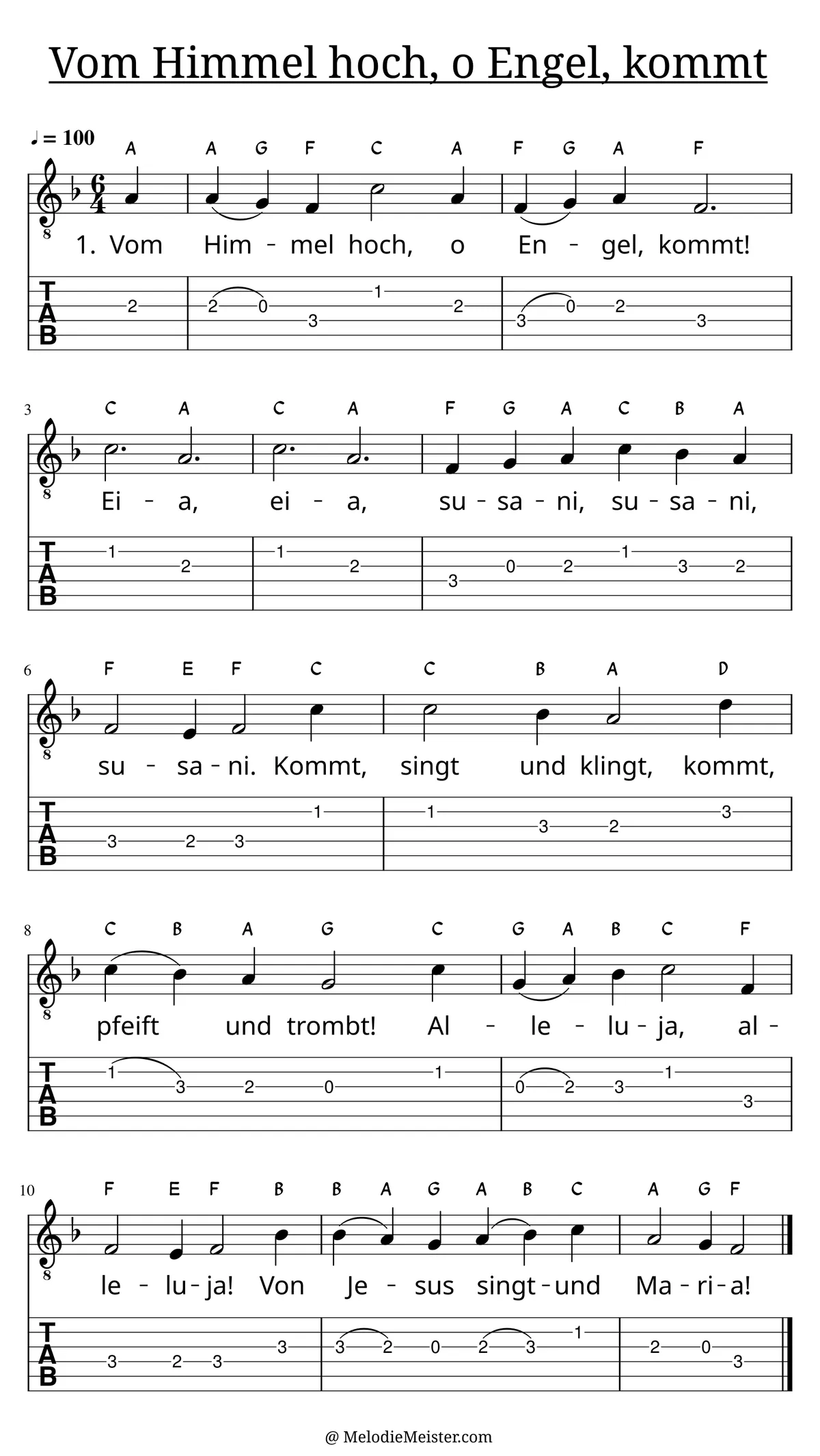 Vom Himmel hoch, o Engel, kommt – Noten für Gitarre mit Tabulatur und Text zum Weihnachtslied, geeignet für Anfänger