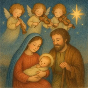Maria hält das schlafende Jesuskind im Arm, Josef steht liebevoll daneben. Über ihnen spielen drei Engel auf Flöte und Geigen, während der Stern von Bethlehem hell am Himmel leuchtet. Die Szene ist ruhig und friedlich.