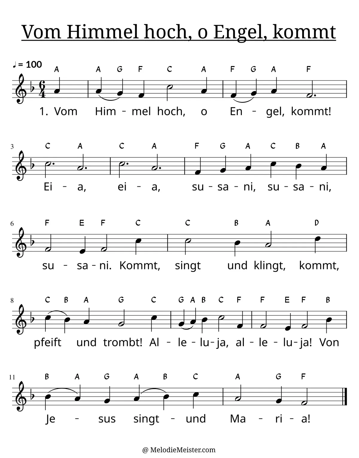 Notenblatt „Vom Himmel hoch, o Engel, kommt“. Einstimmige Melodie im Violinschlüssel, , , mit der 1. Strophe des Liedtextes.
