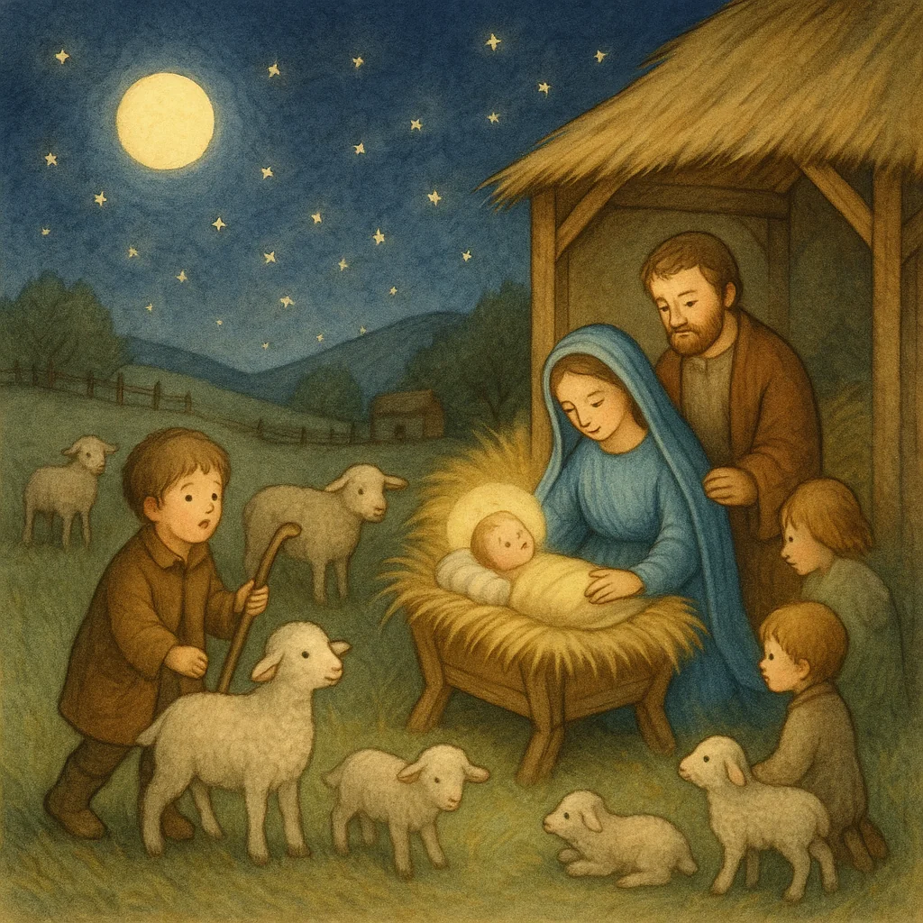 Nachtszene im Stall mit Maria, Josef und dem Jesuskind in der Krippe, umgeben von Schäfern und Lämmern unter einem klaren Sternenhimmel – liebevoll im Stil eines klassischen Kinderbuchs illustriert.