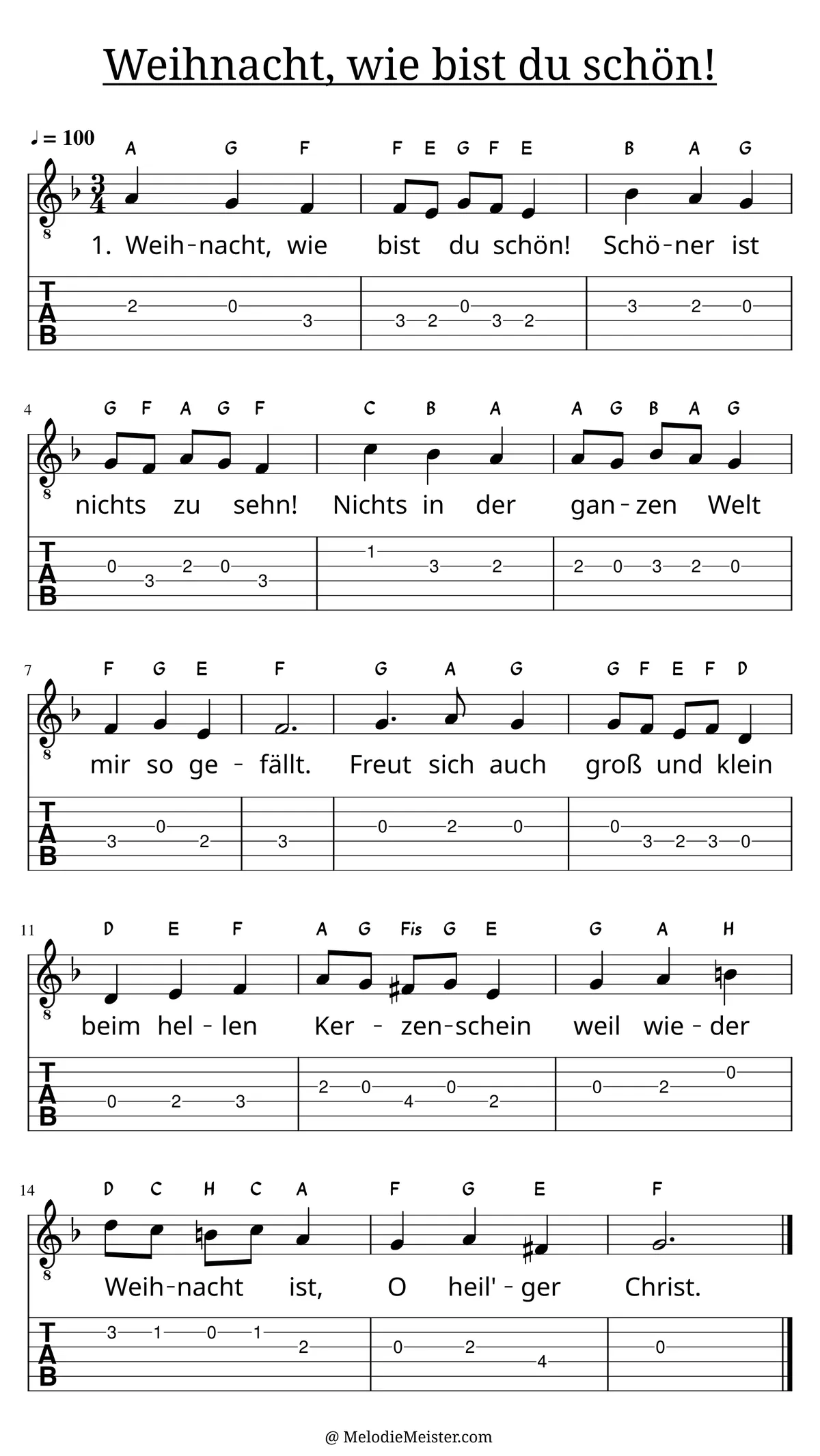 Weihnacht wie bist du schön – Noten für Gitarre mit Tabulatur und Text zum Weihnachtslied, geeignet für Anfänger