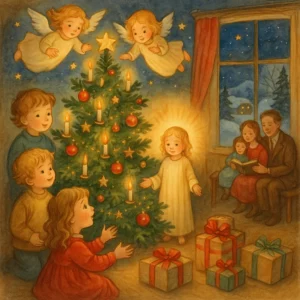 Weihnachtliche Illustration: Kinder und Familie freuen sich unter einem festlich geschmückten Tannenbaum im Kerzenschein, draußen verschneite Landschaft, freundliche Engel blicken herab, das Christkind im Licht – liebevoll im Stil eines klassischen Kinderbuchs gezeichnet.