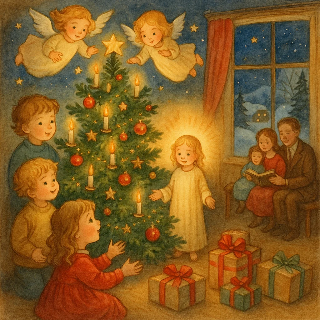 Weihnachtliche Illustration: Kinder und Familie freuen sich unter einem festlich geschmückten Tannenbaum im Kerzenschein, draußen verschneite Landschaft, freundliche Engel blicken herab, das Christkind im Licht – liebevoll im Stil eines klassischen Kinderbuchs gezeichnet.