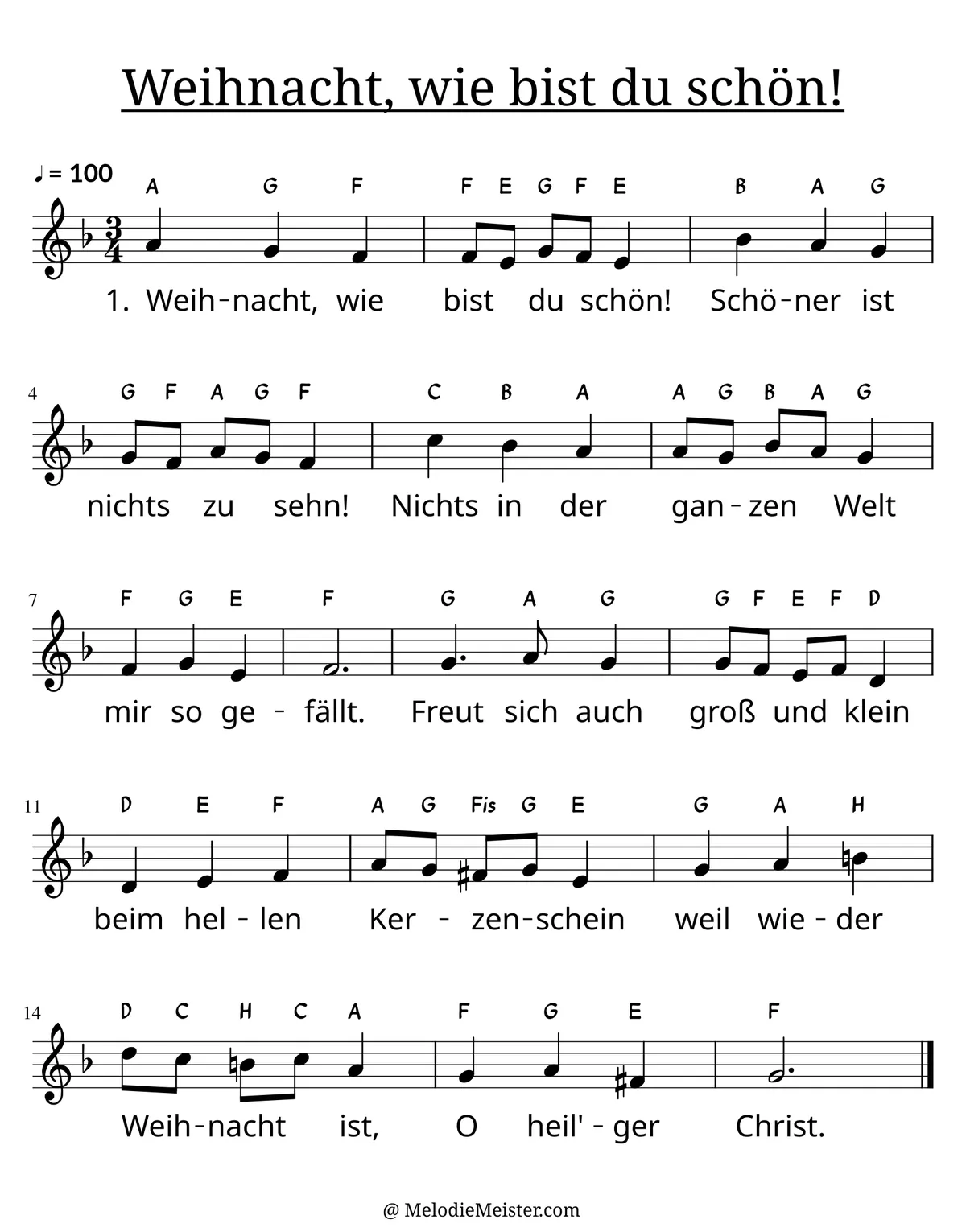 Notenblatt „Weihnacht wie bist du schön“. Einstimmige Melodie im Violinschlüssel, , , mit der 1. Strophe des Liedtextes.
