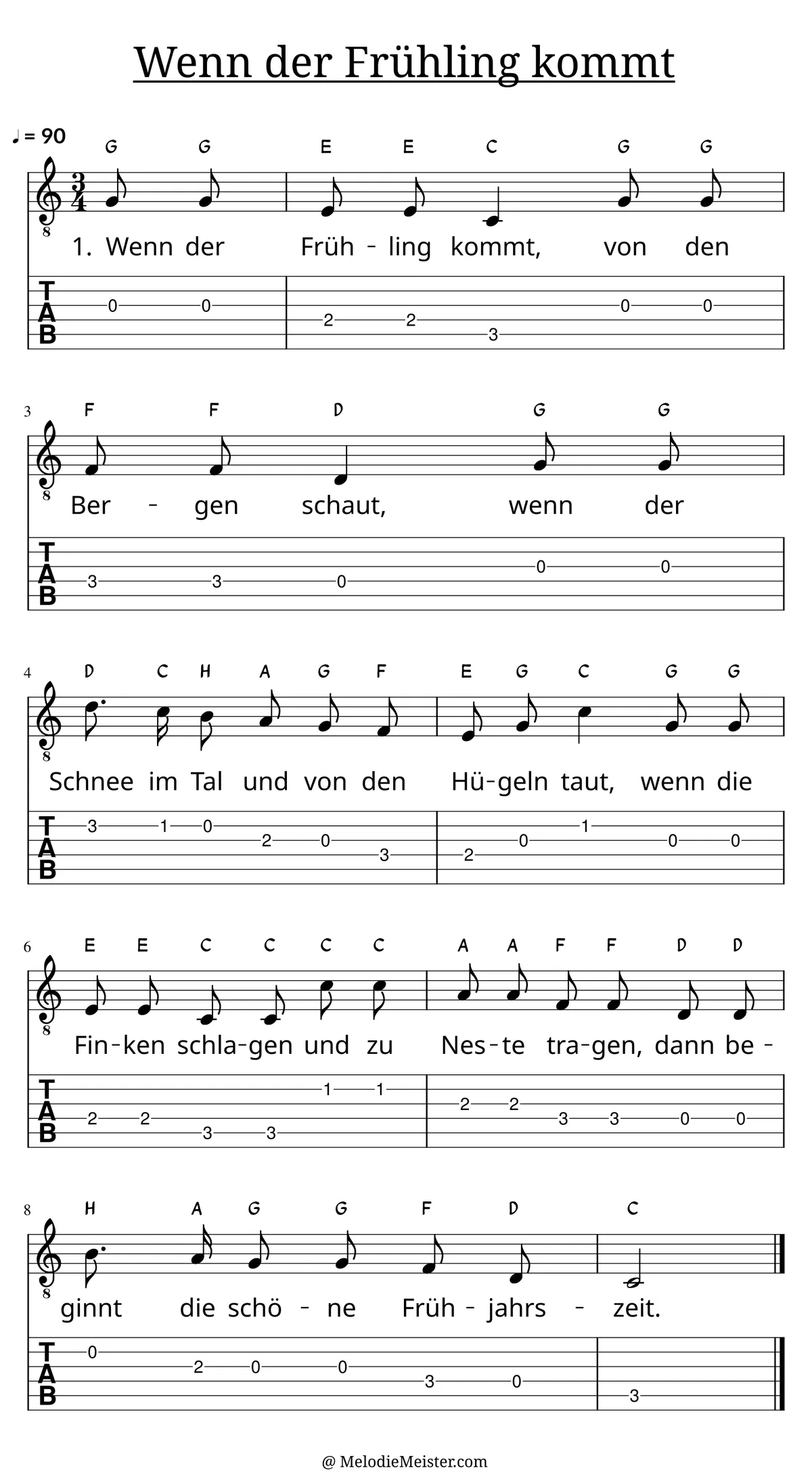 Wenn der Frühling kommt – Noten für Gitarre mit Tabulatur und Text zum Volkslied, geeignet für Anfänger