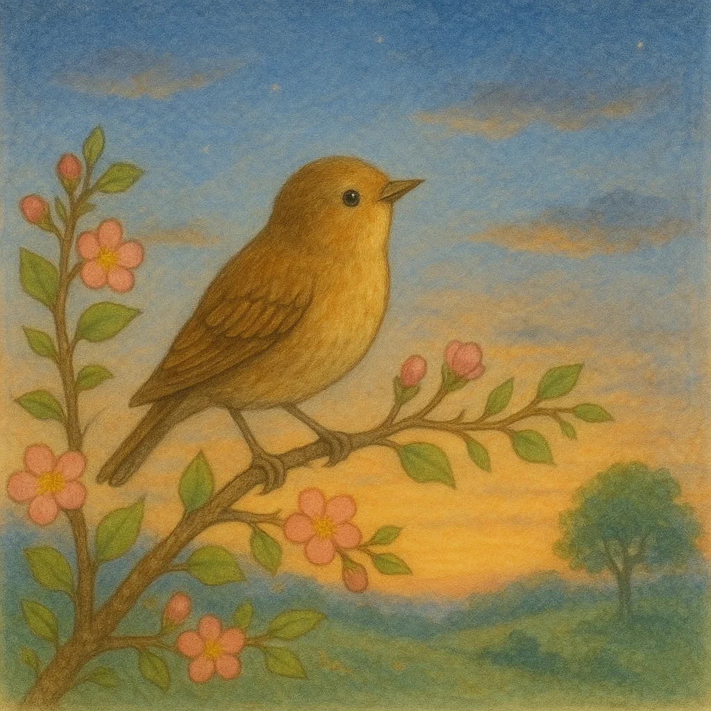 Ein kleiner Vogel sitzt verträumt auf einem Ast und blickt in die Ferne, als wollte er zu jemandem fliegen. Die Szene spielt in der Abenddämmerung mit sanftem Himmel, weichem Licht und einer ruhigen Landschaft im Hintergrund. Die Illustration ist liebevoll, detailreich und im Stil eines klassischen Kinderbuchs gezeichnet – harmonisch, warm und ein wenig sehnsuchtsvoll.