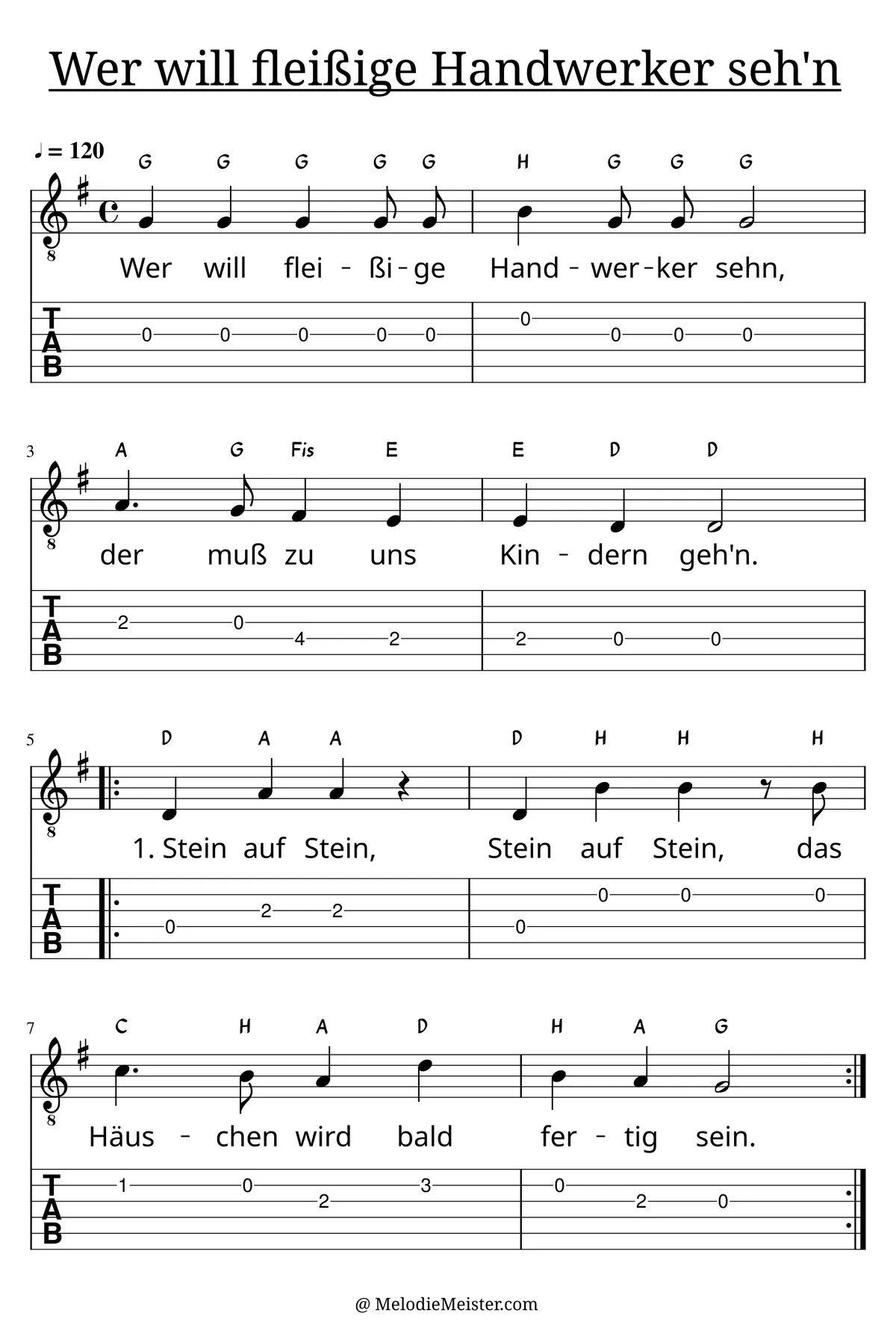 Wer will fleißige Handwerker sehn – Noten für Gitarre mit Tabulatur und Text zum Kinderlied, geeignet für Anfänger