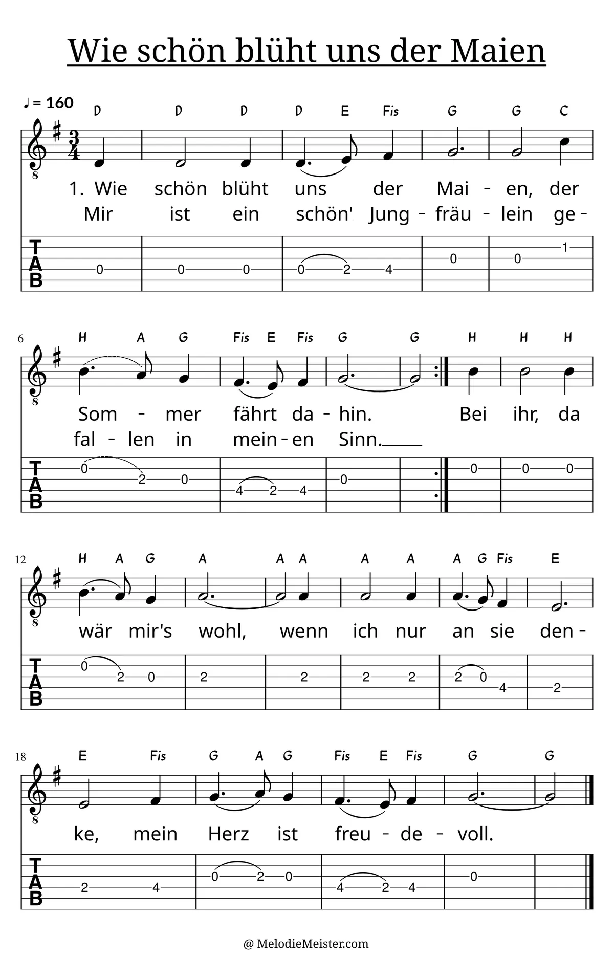Wie schön blüht uns der Maien – Noten für Gitarre mit Tabulatur und Text zum Frühlingslied, geeignet für Anfänger