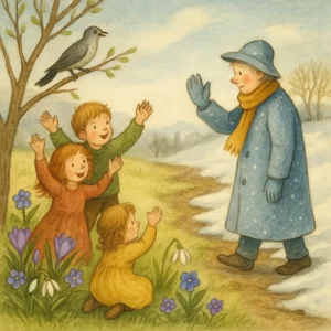 Illustration zu „Winter, ade“: Kinder winken einer freundlich wirkenden Wintergestalt zum Abschied. Im Vordergrund blühen Frühlingsblumen, ein Kuckuck sitzt auf einem Ast, die Landschaft wandelt sich vom Schnee zum Frühling.