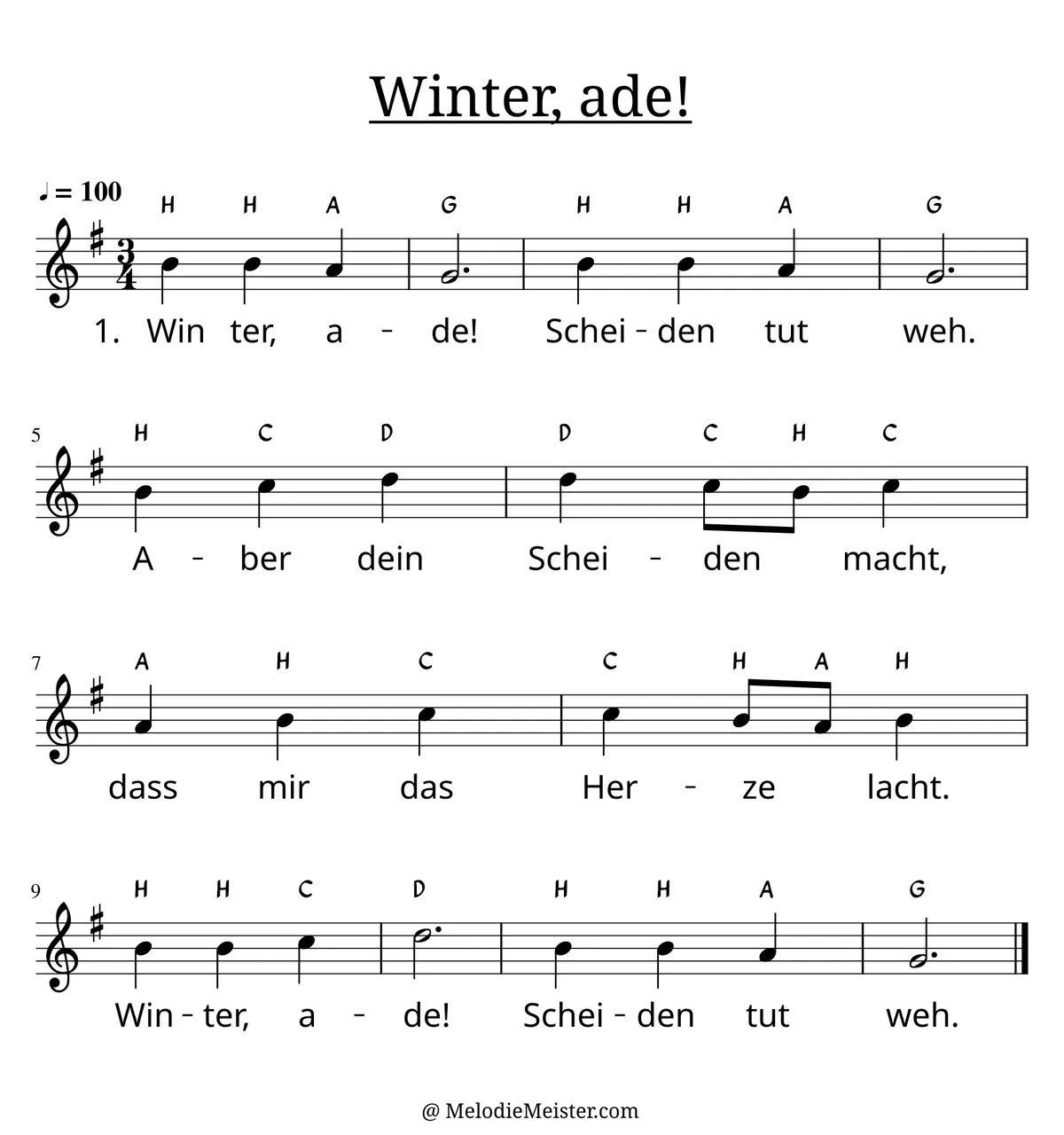 Notenblatt „Winter, ade“. Einstimmige Melodie im Violinschlüssel, G-Dur, 3/4-Takt, mit der 1. Strophe des Liedtextes.