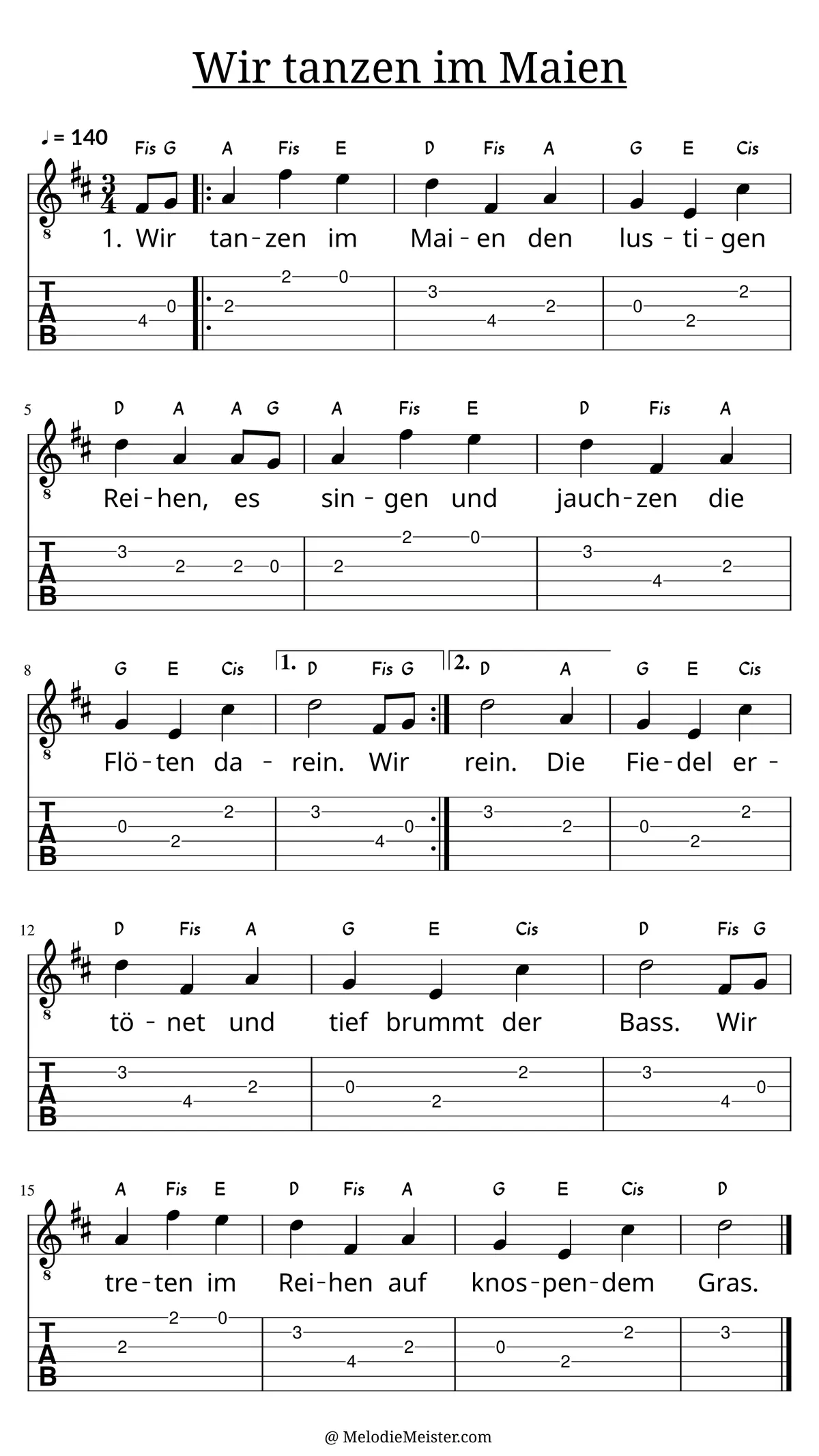 Wir tanzen im Maien (Maientanz) – Noten für Gitarre mit Tabulatur und Text zum Frühlingslied, geeignet für Anfänger