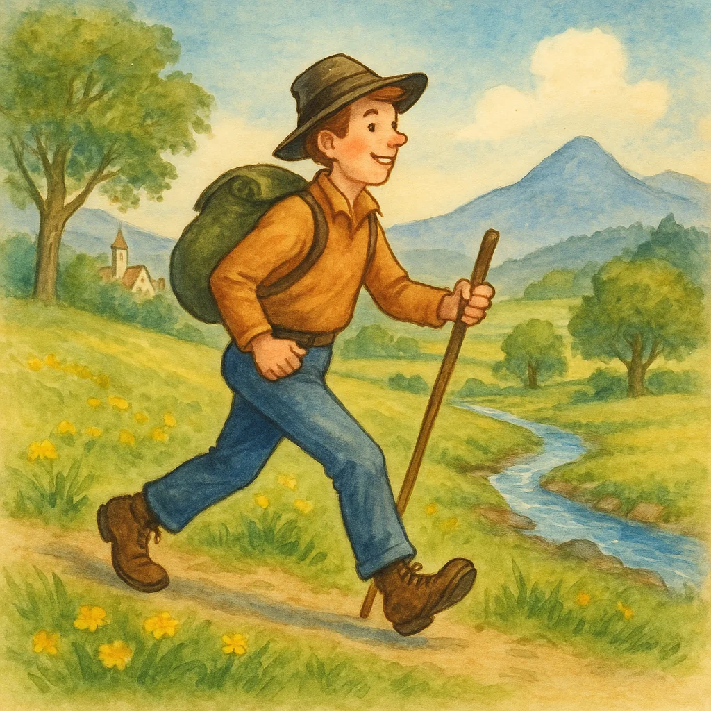 Ein junger Wanderer mit Rucksack und Wanderstock läuft fröhlich über eine sonnige Wiese ins weite Land. Die Landschaft ist weit und freundlich, Berge leuchten in der Ferne, ein klarer Bach schlängelt sich am Weg entlang. Die Luft wirkt frisch und die Farben sind lebendig. Im Hintergrund sieht man eine kleine Stadt am Hang mit einem Kirchturm. Die Szene ist im Stil eines klassischen Kinderbuchs gezeichnet – naturverbunden, optimistisch und voller Aufbruchsstimmung.