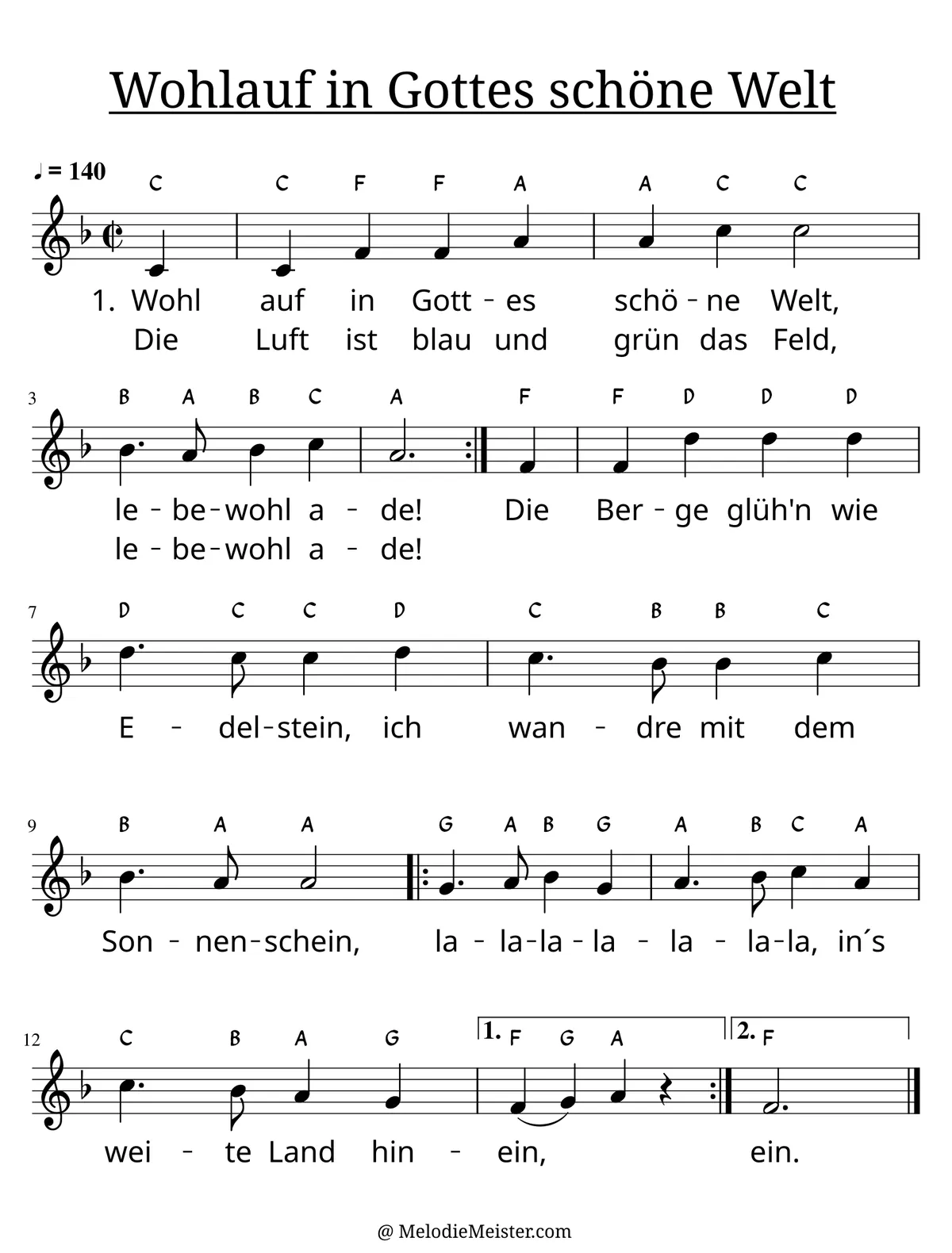 Notenblatt „Wohlauf in Gottes schöne Welt“. Einstimmige Melodie im Violinschlüssel, F-Dur, 2/2-Takt, mit der 1. Strophe des Liedtextes.