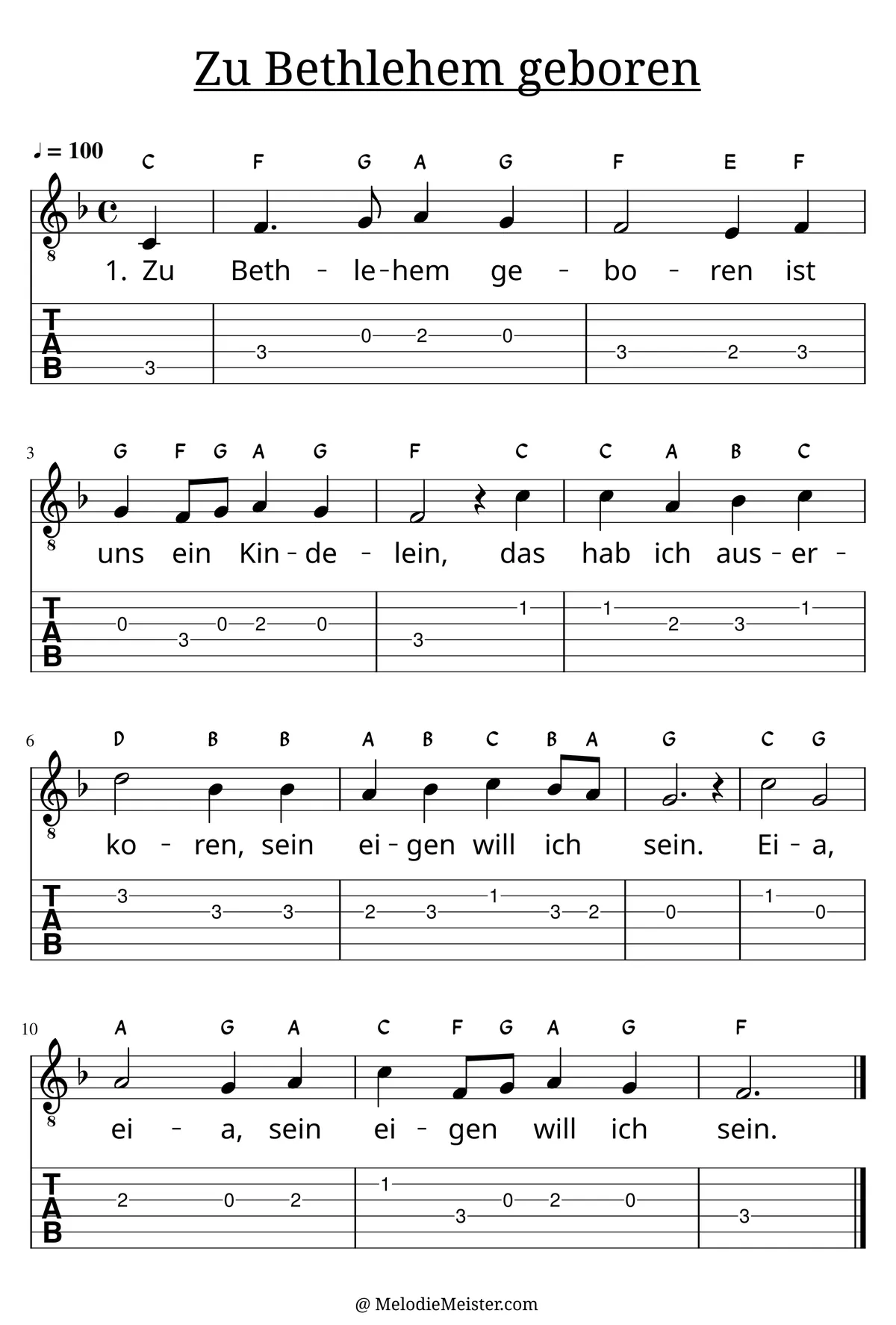 Zu Bethlehem geboren – Noten für Gitarre mit Tabulatur und Text zum Weihnachtslieder Adventslied, geeignet für Anfänger