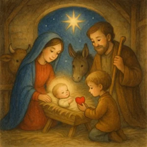 In einer friedlichen Stall-Szene in Bethlehem liegt das Jesuskind in der Krippe, umgeben von Maria, Josef und sanften Tieren. Ein Kind kniet ehrfürchtig vor der Krippe und hält dem Christkind ein kleines rotes Herz entgegen. Die Szene ist liebevoll, zart und märchenhaft im Stil eines klassischen Kinderbuchs gemalt, mit warmen Farben, weichen Konturen und festlicher Weihnachtsstimmung.