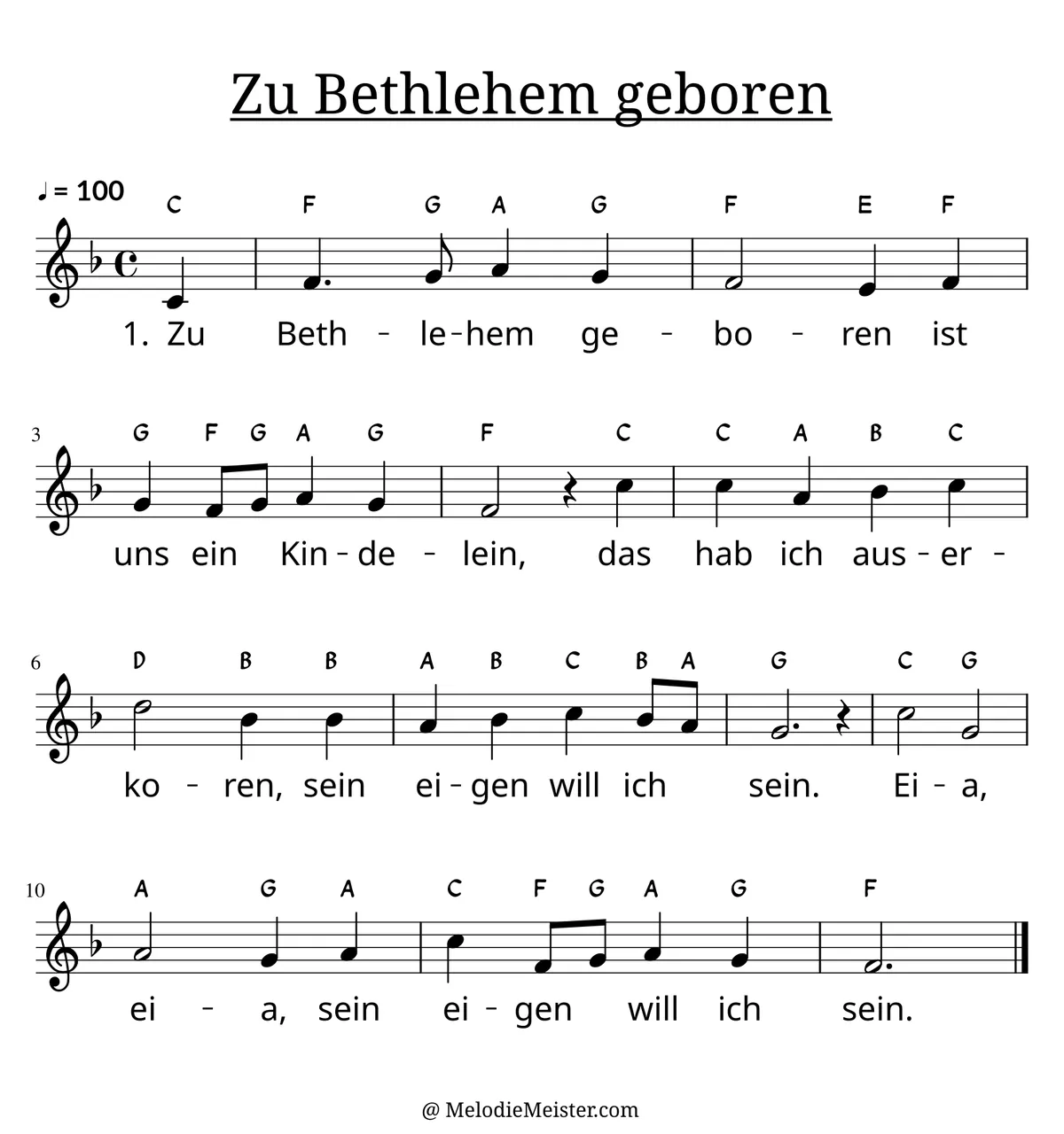Notenblatt „Zu Bethlehem geboren“. Einstimmige Melodie im Violinschlüssel, , , mit der 1. Strophe des Liedtextes.