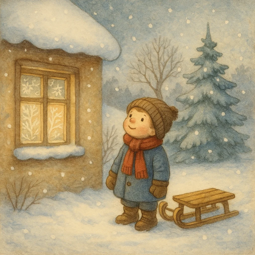 Ein Junge steht mit Schlitten vor einem schneebedeckten Haus und blickt lächelnd auf die gefrorenen Fensterscheiben mit Eisblumen. Schneeflocken fallen leise, eine Tanne und verschneite Bäume rahmen die winterliche Szene.