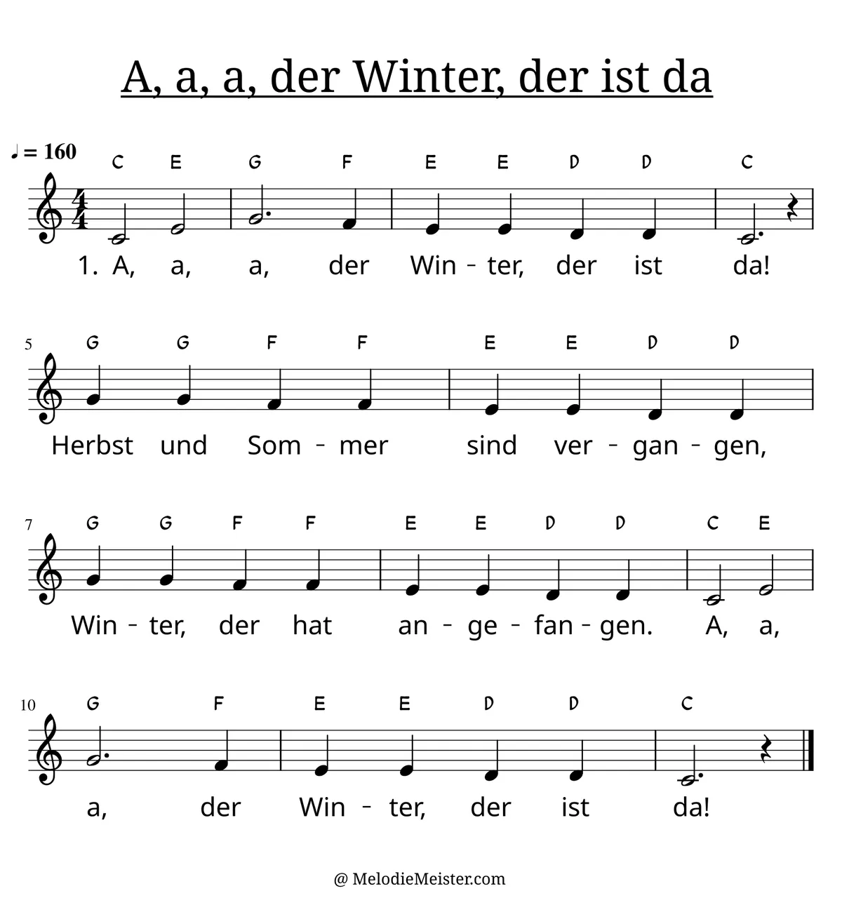 Notenblatt „A, a, a, der Winter, der ist da“. Einstimmige Melodie im Violinschlüssel, C-Dur, 4/4-Takt, mit der 1. Strophe des Liedtextes.