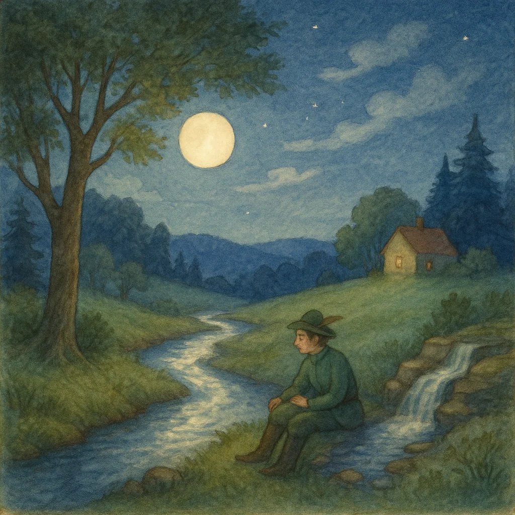 Ein Mann sitzt am Ufer eines leise plätschernden Bachs unter dem hellen Vollmond. Hinter ihm steht ein kleines Haus mit warm leuchtendem Fenster, und ein großer Baum rahmt die Szene ein. Über den Hügeln liegt friedlicher Abendhimmel mit leichten Wolken. Die Stimmung ist ruhig und besinnlich, gemalt in weichen Aquarellfarben.