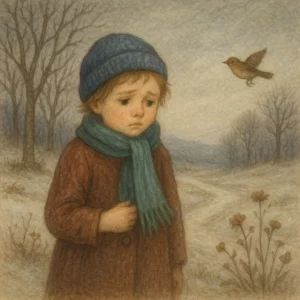 Ein Junge steht traurig in einer winterlichen Landschaft mit kahlen Bäumen und verblühten Pflanzen. Ein kleiner Vogel fliegt davon, während Schnee den Boden bedeckt und der Himmel grau verhangen ist.