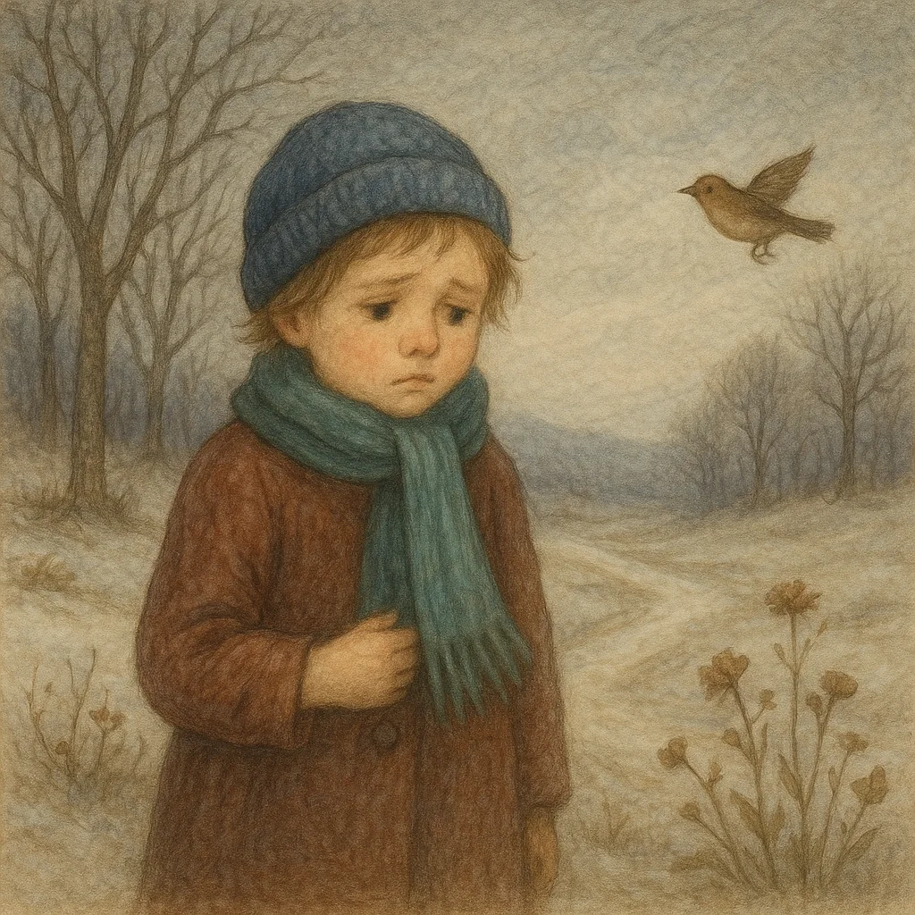 Ein Junge steht traurig in einer winterlichen Landschaft mit kahlen Bäumen und verblühten Pflanzen. Ein kleiner Vogel fliegt davon, während Schnee den Boden bedeckt und der Himmel grau verhangen ist.