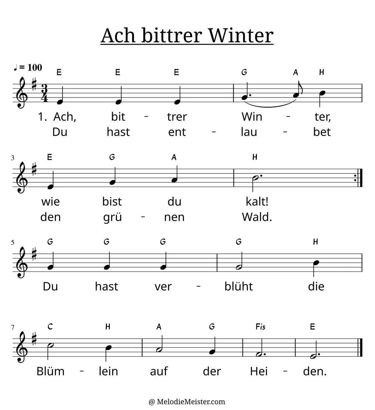 Notenblatt „Ach, bittrer Winter“. Einstimmige Melodie im Violinschlüssel, e-Moll, 3/4-Takt, mit der 1. Strophe des Liedtextes.
