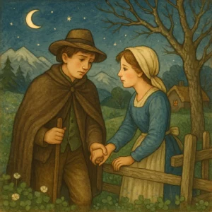 Ein junger Mann und eine junge Frau stehen am Holzzaun in einer nächtlichen Landschaft. Der Mann trägt einen Umhang und Hut, die Frau ein blaues Kleid und Kopftuch. Sie halten sich an den Händen und blicken sich traurig an. Im Hintergrund leuchtet ein Häuschen, der Mond steht über den Bergen – eine Szene stillen Abschieds.