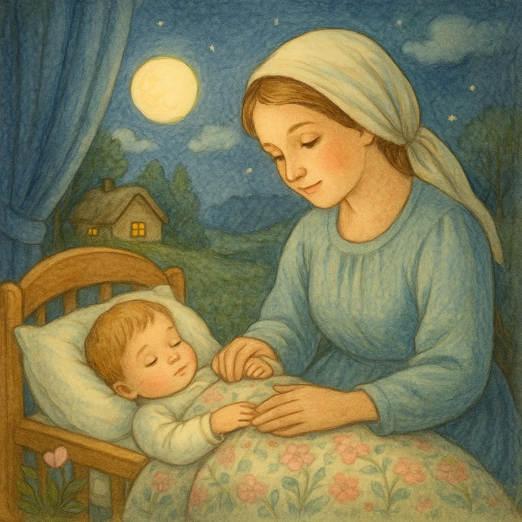 Eine Mutter sitzt liebevoll am Bett ihres schlafenden Kindes. Durch das Fenster scheint der volle Mond und taucht das Zimmer in sanftes Licht. Im Hintergrund ist ein kleines Häuschen auf einer Wiese zu sehen. Die Szene wirkt ruhig, warm und geborgen – gemalt in weichen Aquarellfarben.