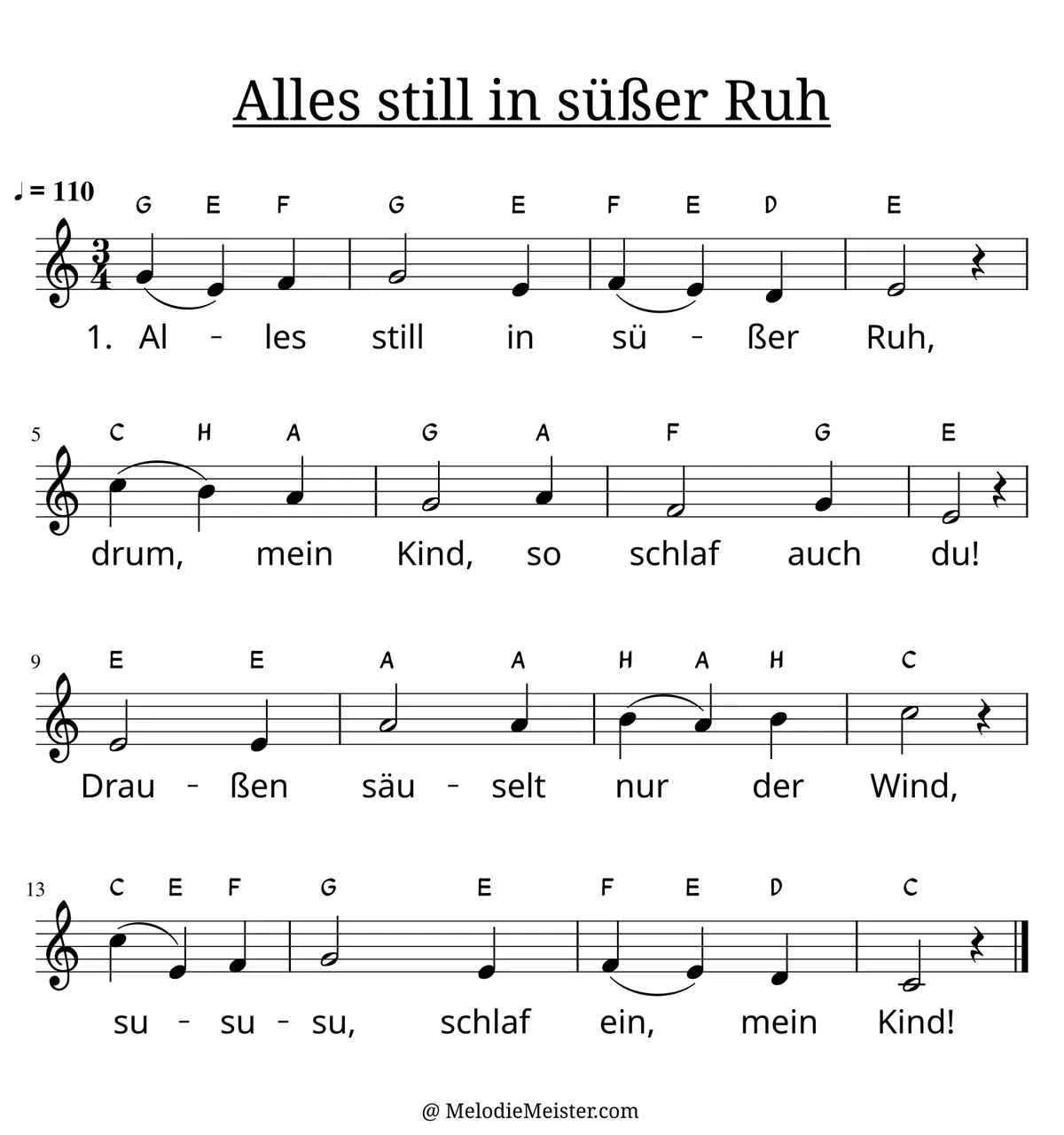 Notenblatt „Alles still in süßer Ruh“. Einstimmige Melodie im Violinschlüssel, C-Dur, 3/4-Takt, mit der 1. Strophe des Liedtextes.