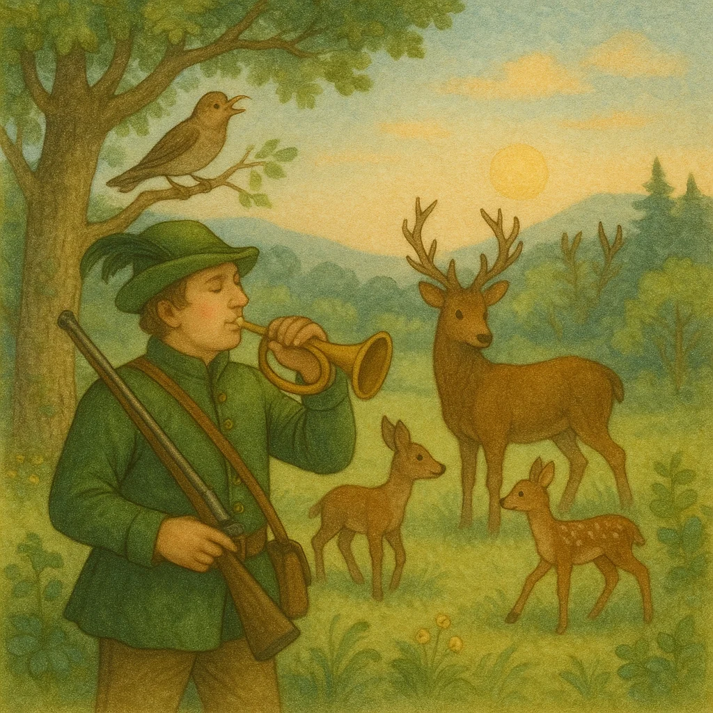 Ein Jäger in grünem Jagdrock bläst am frühen Morgen ins Jagdhorn. Neben ihm stehen ein Hirsch und zwei Rehkitze auf einer sonnendurchfluteten Waldlichtung. Im Hintergrund geht die Sonne auf, und auf einem Ast singt ein Vogel. Die Szene wirkt friedlich, naturverbunden und fröhlich.