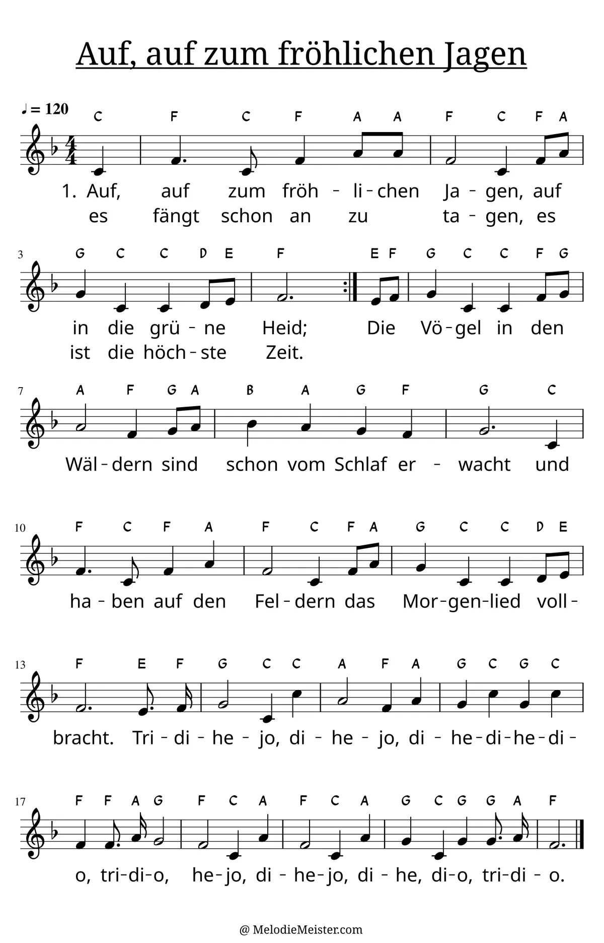 Notenblatt „Auf, auf zum fröhlichen Jagen“. Einstimmige Melodie im Violinschlüssel, F-Dur, 4/4-Takt, mit der 1. Strophe des Liedtextes.