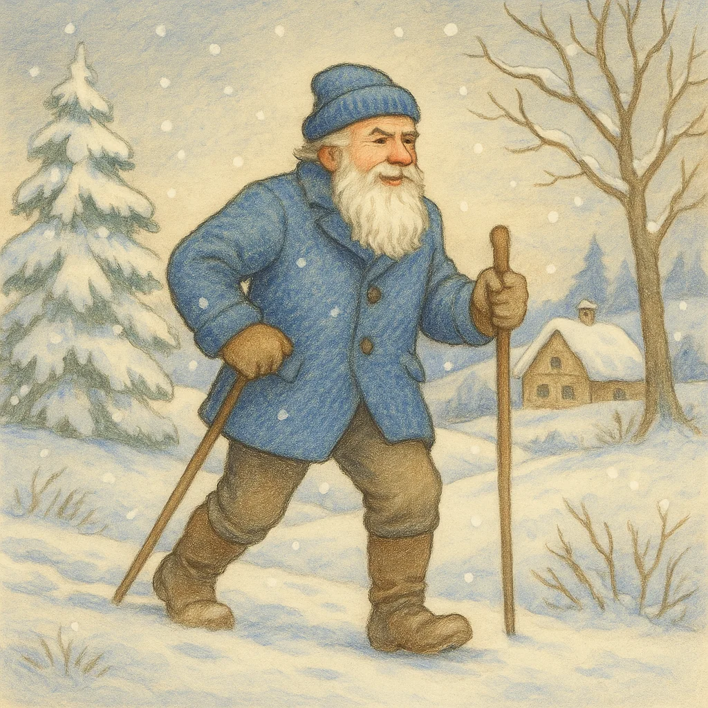 Ein älterer Mann mit weißem Bart, blauer Wolljacke und Mütze wandert lächelnd durch eine verschneite Winterlandschaft. Schneeflocken fallen sanft, im Hintergrund stehen schneebedeckte Tannen und ein kleines Haus mit Strohdach.