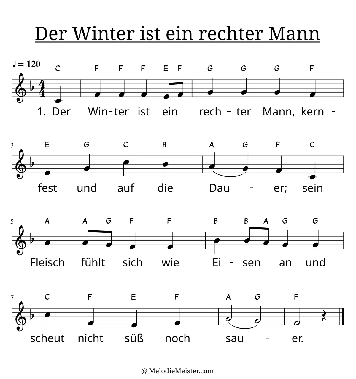 Notenblatt „Der Winter ist ein rechter Mann“. Einstimmige Melodie im Violinschlüssel, F-Dur, 4/4-Takt, mit der 1. Strophe des Liedtextes.