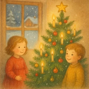 Zwei Kinder stehen freudig vor einem geschmückten Weihnachtsbaum mit Kerzen und Kugeln. Durch das Fenster sieht man eine verschneite Landschaft mit einem kleinen Haus im Hintergrund.
