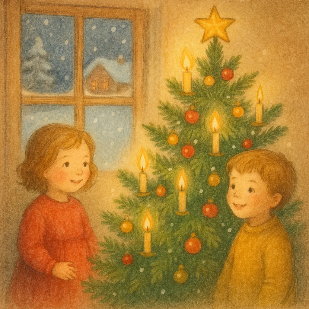 Zwei Kinder stehen freudig vor einem geschmückten Weihnachtsbaum mit Kerzen und Kugeln. Durch das Fenster sieht man eine verschneite Landschaft mit einem kleinen Haus im Hintergrund.