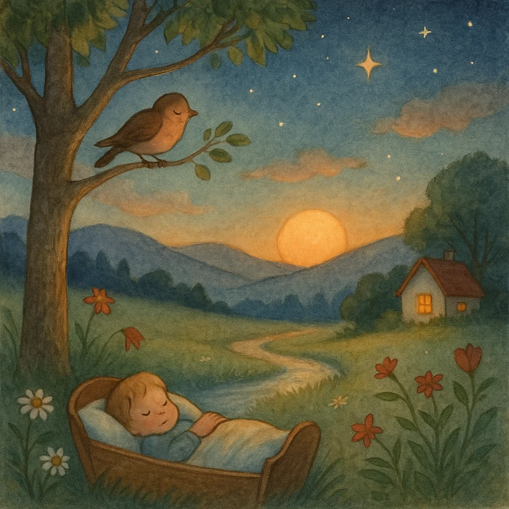 Ein Kind schläft friedlich in einem Bett im Freien, umgeben von Blumen und Wiesen. Die Sonne sinkt hinter den Hügeln, der Himmel leuchtet in warmen Abendfarben. Auf einem Baumzweig sitzt ein Vogel, und im Hintergrund steht ein kleines Haus mit erleuchtetem Fenster. Die Szene wirkt ruhig und harmonisch – ein Moment stiller Abendruhe.