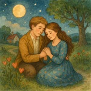 Ein junges Paar sitzt eng beieinander auf einer Wiese unter dem vollen Mond. Der Mann hält zärtlich die Hand der Frau, die die Augen geschlossen hat. Um sie herum blühen Blumen in Herzform, im Hintergrund steht ein Baum und ein kleines Häuschen mit warmem Licht. Die Szene wirkt ruhig, liebevoll und romantisch – wie aus einem alten Volkslied illustriert.