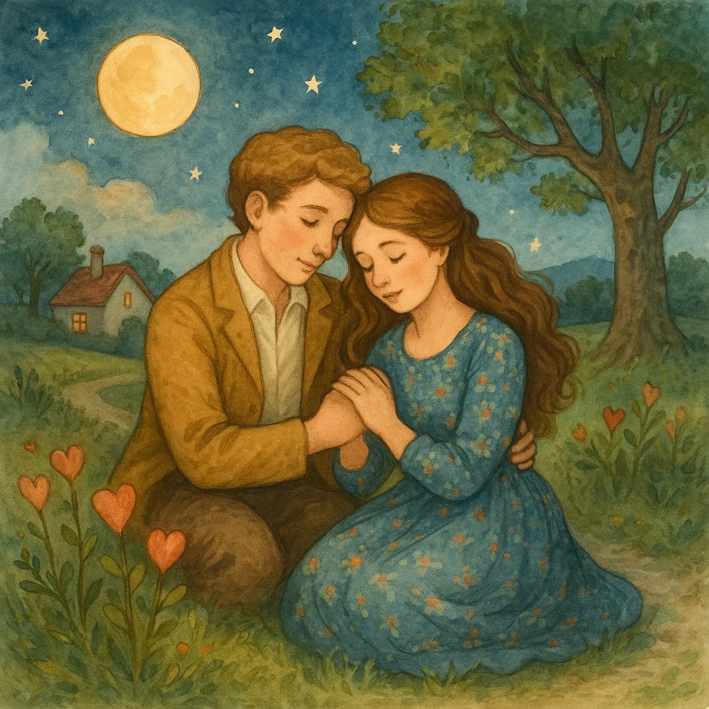Ein junges Paar sitzt eng beieinander auf einer Wiese unter dem vollen Mond. Der Mann hält zärtlich die Hand der Frau, die die Augen geschlossen hat. Um sie herum blühen Blumen in Herzform, im Hintergrund steht ein Baum und ein kleines Häuschen mit warmem Licht. Die Szene wirkt ruhig, liebevoll und romantisch – wie aus einem alten Volkslied illustriert.
