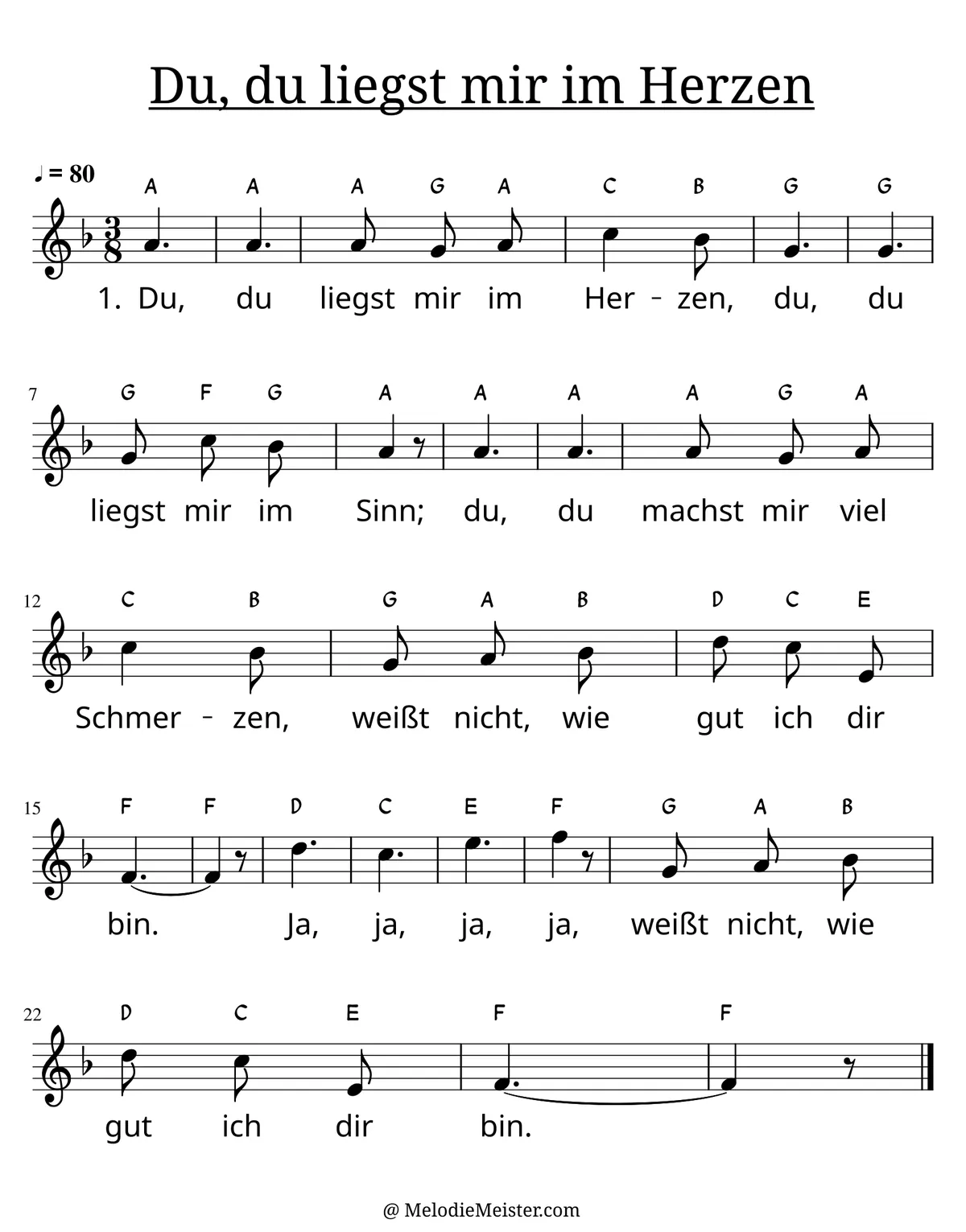 Notenblatt „Du, du liegst mir im Herzen“. Einstimmige Melodie im Violinschlüssel, F-Dur, 3/8-Takt, mit der 1. Strophe des Liedtextes.