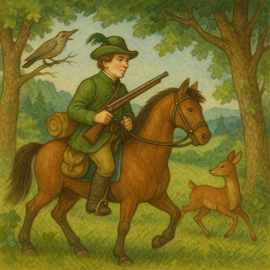 Ein fröhlicher Jäger in grünem Jagdrock und Federhut reitet auf einem braunen Pferd durch einen sonnigen Wald. Neben ihm läuft ein Reh, und auf einem Ast sitzt ein Kuckuck. Die Szene wirkt freundlich, naturverbunden und wie aus einem alten Kinderbuch gemalt.