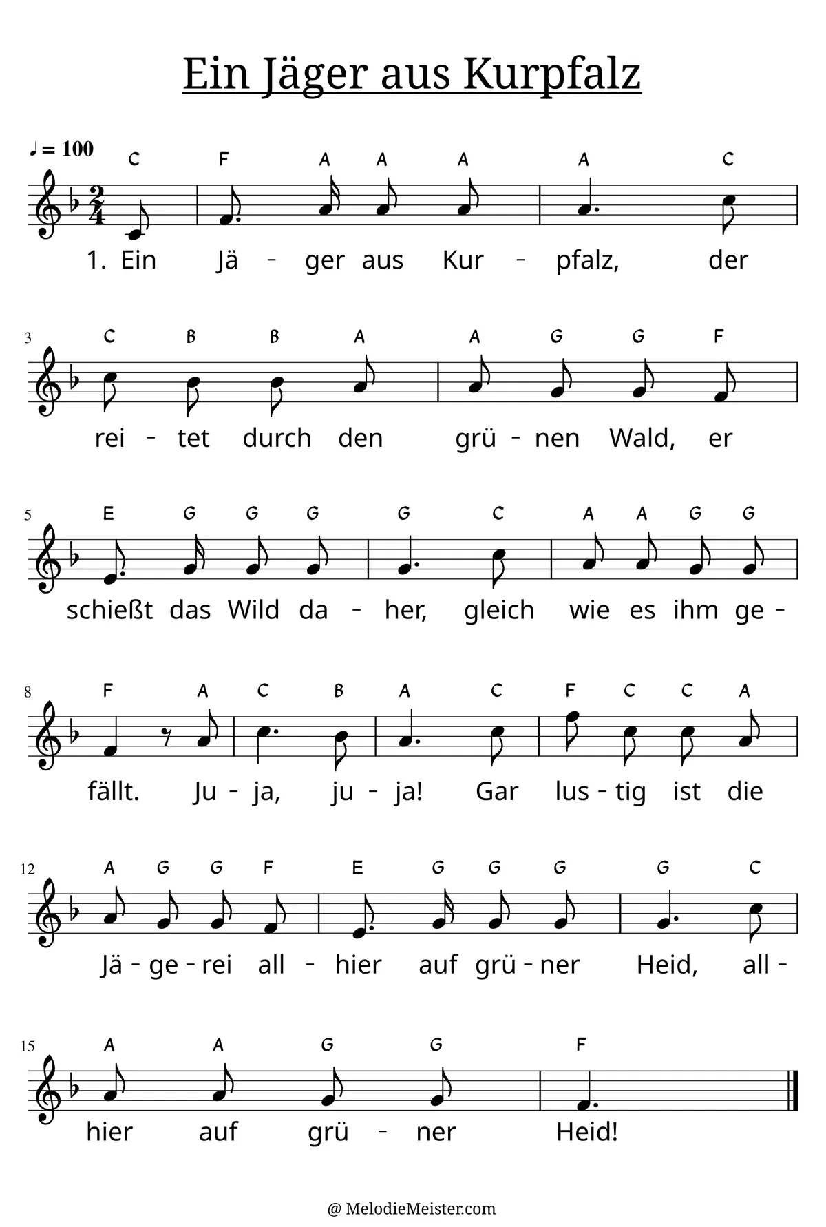 Notenblatt „Ein Jäger aus Kurpfalz“. Einstimmige Melodie im Violinschlüssel, F-Dur, 2/4-Takt, mit der 1. Strophe des Liedtextes.