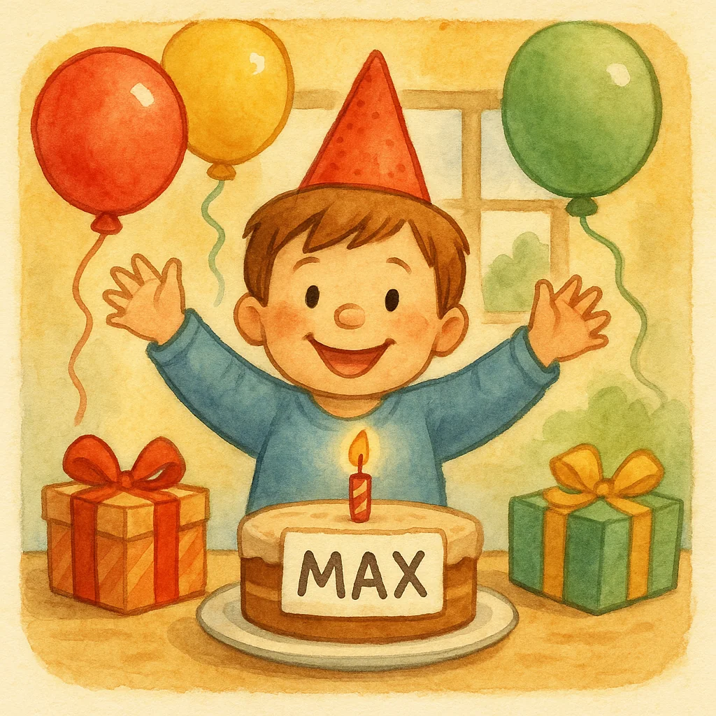 Ein fröhlicher Junge namens Max steht lachend hinter einer Geburtstagstorte mit einer Kerze und seinem Namen darauf. Um ihn herum hängen bunte Ballons, und auf dem Tisch liegen Geschenke mit Schleifen.