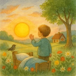 Ein Junge steht auf einer blühenden Wiese und blickt der goldenen Abendsonne entgegen. Er hebt die Hand, als wolle er sich von der Sonne verabschieden. Neben ihm sitzt ein Vogel auf einem kleinen Bett, im Hintergrund stehen ein Baum und ein Häuschen mit leuchtendem Fenster. Der Himmel strahlt in warmen Gold- und Rosatönen.