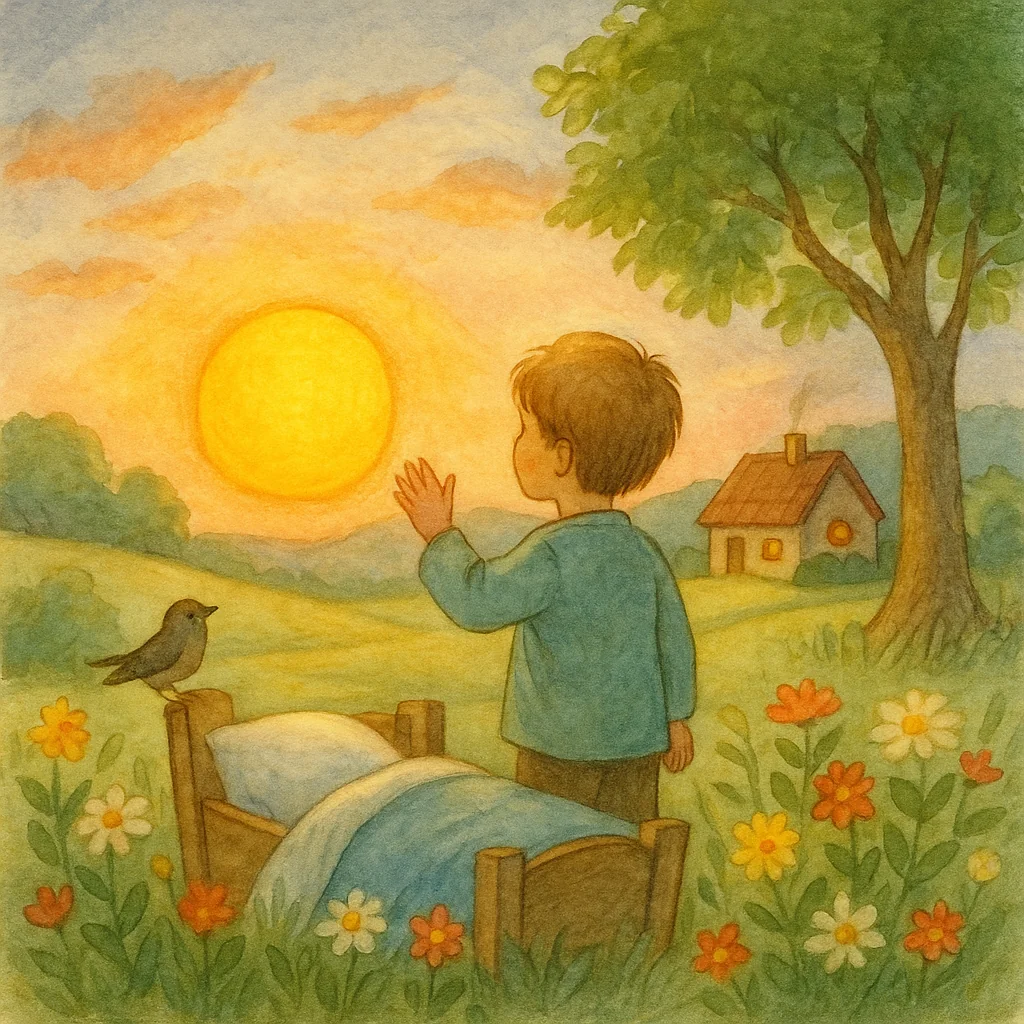 Ein Junge steht auf einer blühenden Wiese und blickt der goldenen Abendsonne entgegen. Er hebt die Hand, als wolle er sich von der Sonne verabschieden. Neben ihm sitzt ein Vogel auf einem kleinen Bett, im Hintergrund stehen ein Baum und ein Häuschen mit leuchtendem Fenster. Der Himmel strahlt in warmen Gold- und Rosatönen.