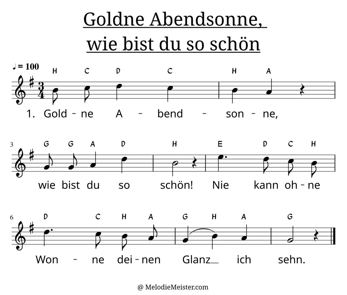 Notenblatt „Goldne Abendsonne, wie bist du so schön“. Einstimmige Melodie im Violinschlüssel, G-Dur, 3/4-Takt, mit der 1. Strophe des Liedtextes.