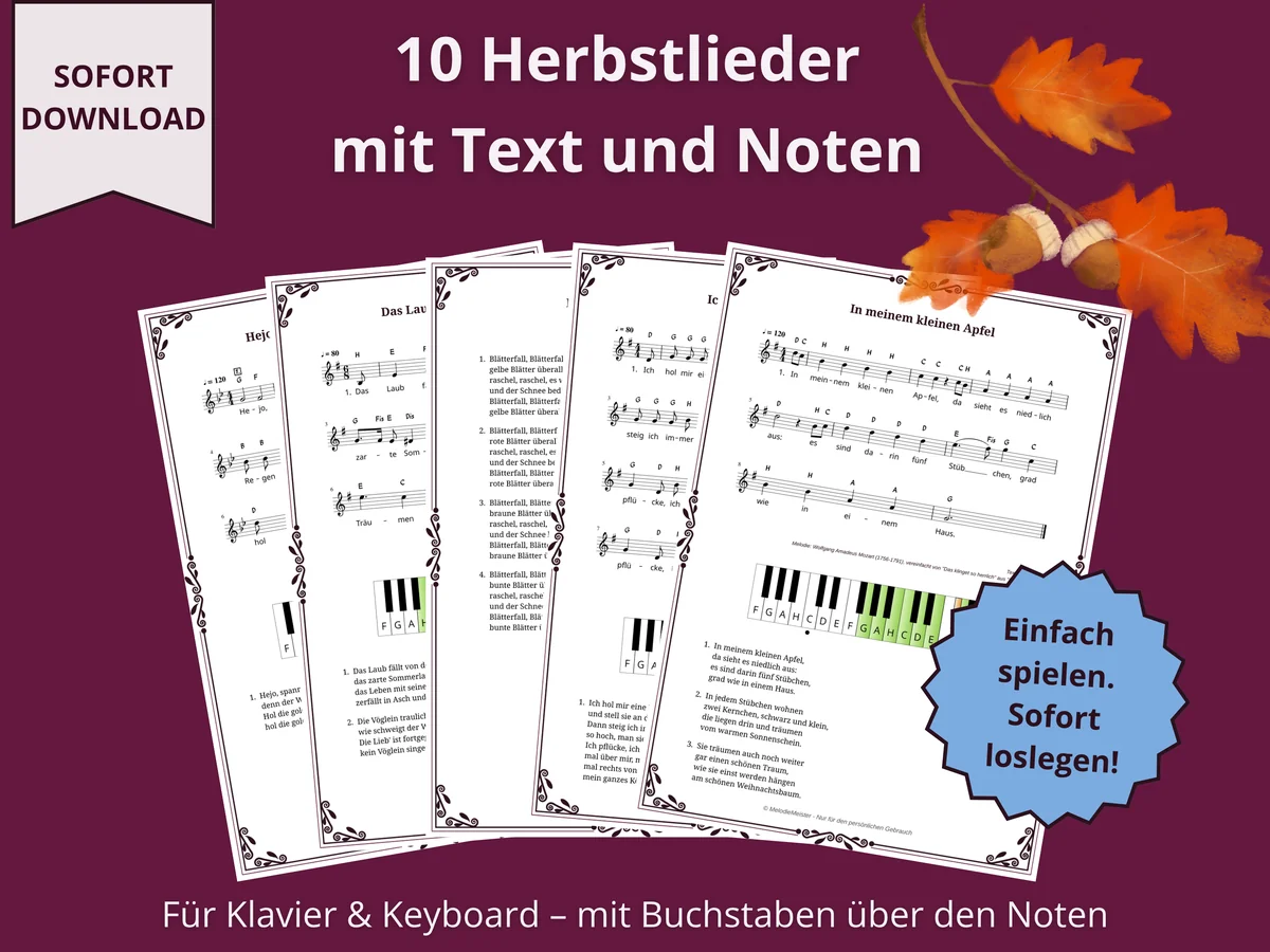 Beispielseiten der Sammlung „10 Herbstlieder mit Text und Noten“ für Klavier und Keyboard mit Buchstaben über den Noten, Sofortdownload als PDF für Anfänger