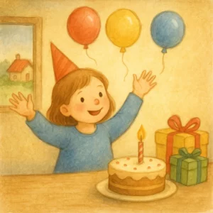 Ein fröhliches Mädchen mit rotem Partyhut steht an einem Tisch mit Geburtstagskuchen, Geschenken und bunten Ballons. Sie hebt lachend die Arme, während im Hintergrund durch das Fenster eine grüne Landschaft zu sehen ist.